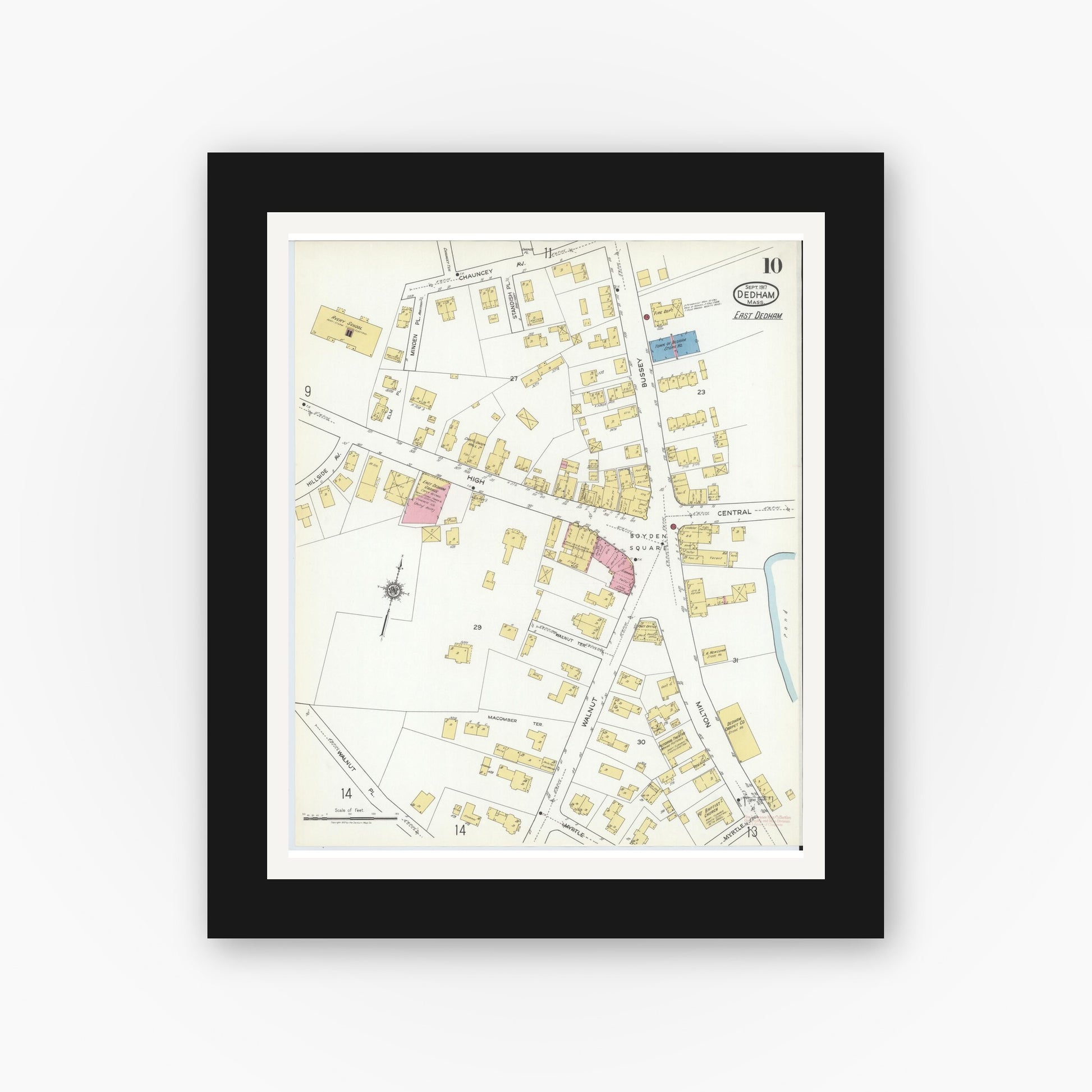 Old map wall art mockup — black gallery frame with white mat — Sanborn Fire Insurance Map from Dedham, Norfolk County, Massachusetts (1917), Sheet #0010