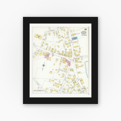 Old map wall art mockup — black gallery frame with white mat — Sanborn Fire Insurance Map from Dedham, Norfolk County, Massachusetts (1917), Sheet #0010