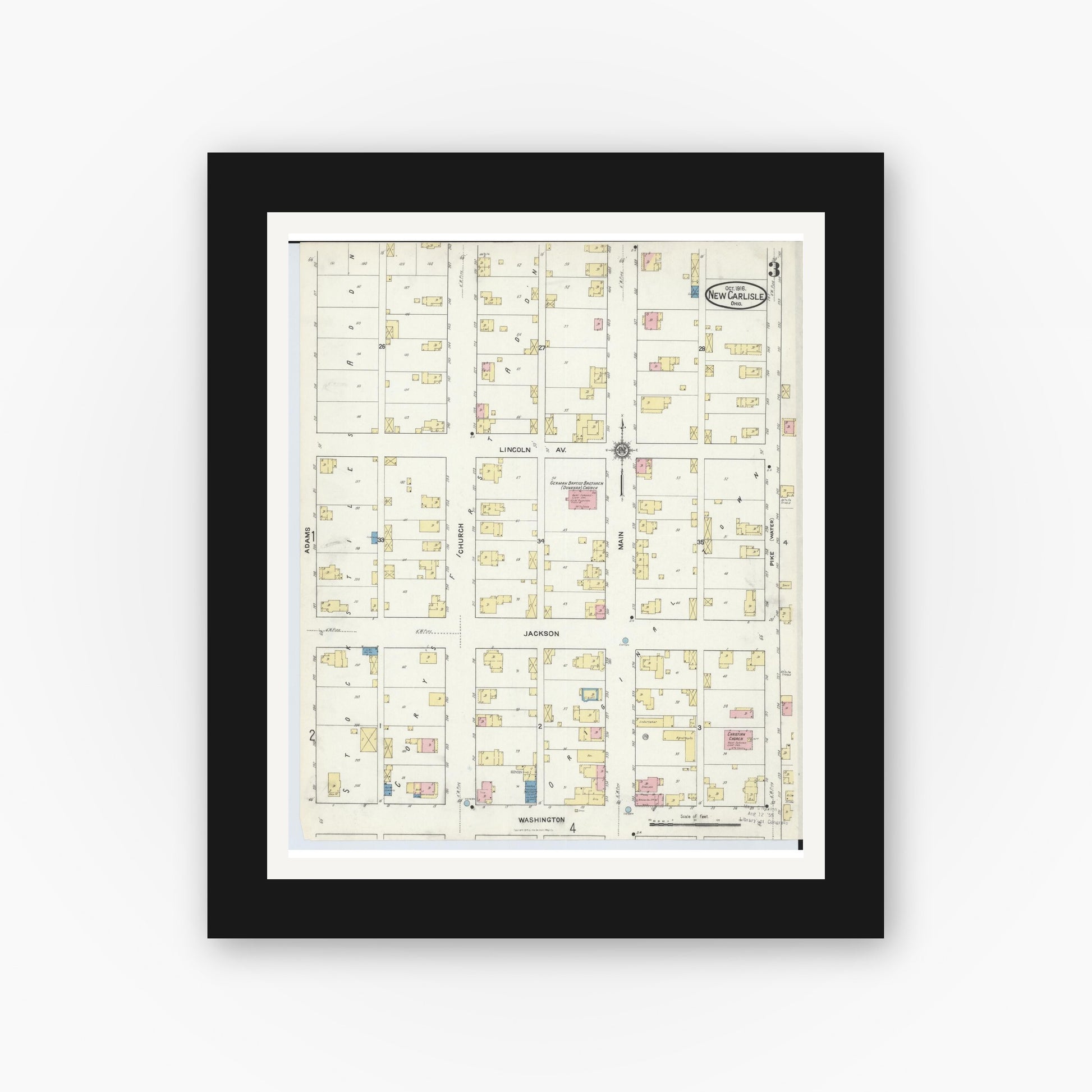 Old map wall art mockup — black gallery frame with white mat — Sanborn Fire Insurance Map from New Carlisle, Clarke County, Ohio (1916), Sheet #0003