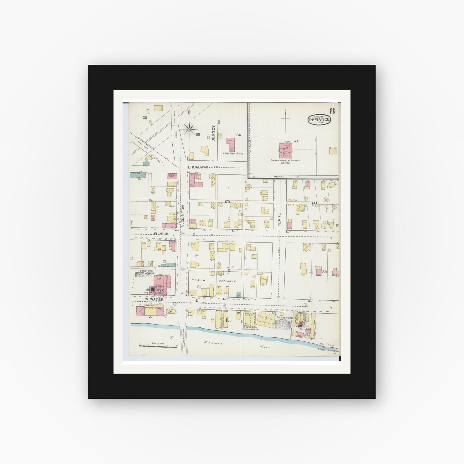 Old map wall art mockup — black gallery frame with white mat — Sanborn Fire Insurance Map from Defiance, Defiance County, Ohio (1893), Sheet #0008