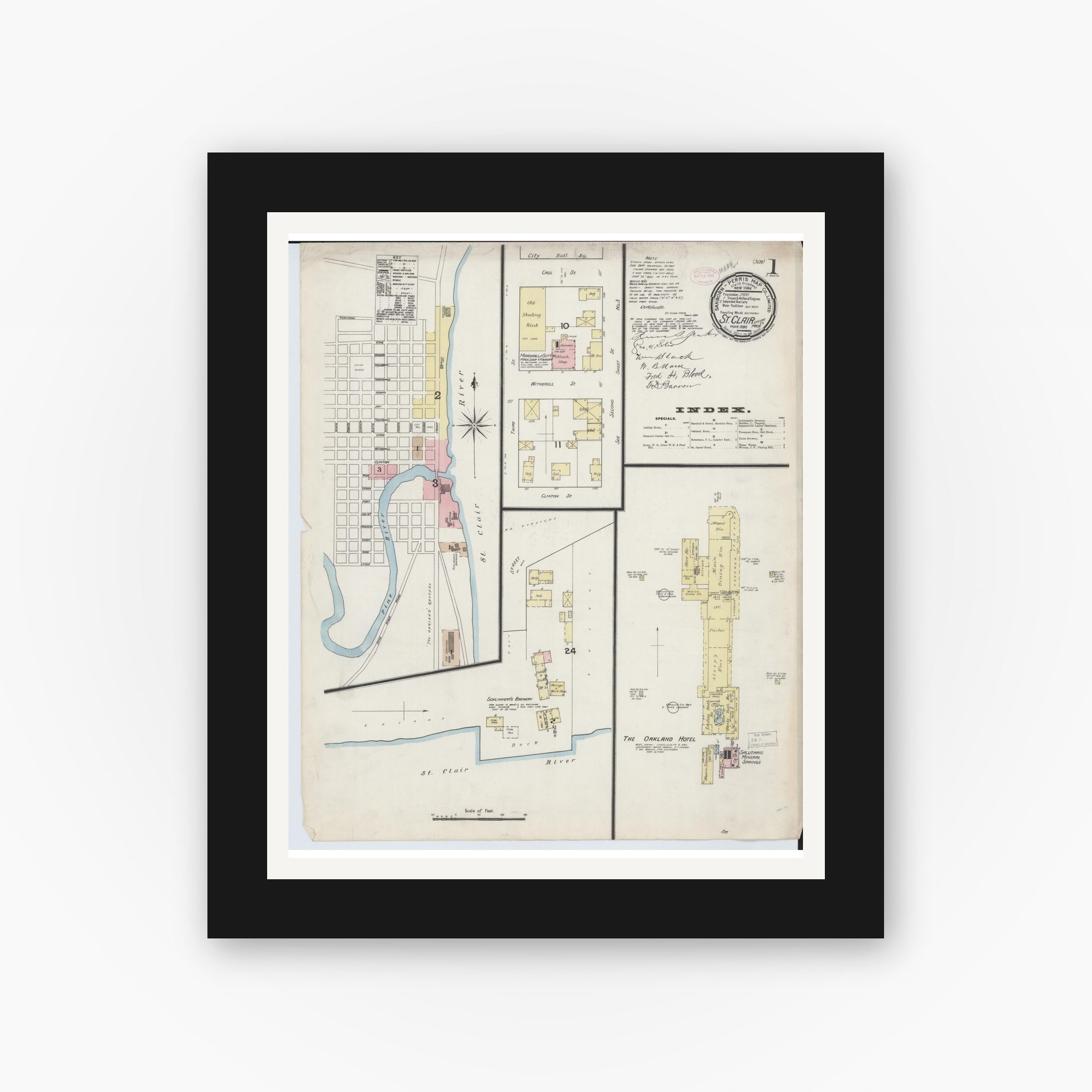 Old map wall art mockup — black gallery frame with white mat — Sanborn Fire Insurance Map from Saint Clair, Saint Clair County, Michigan (1890) - Complete Map Set