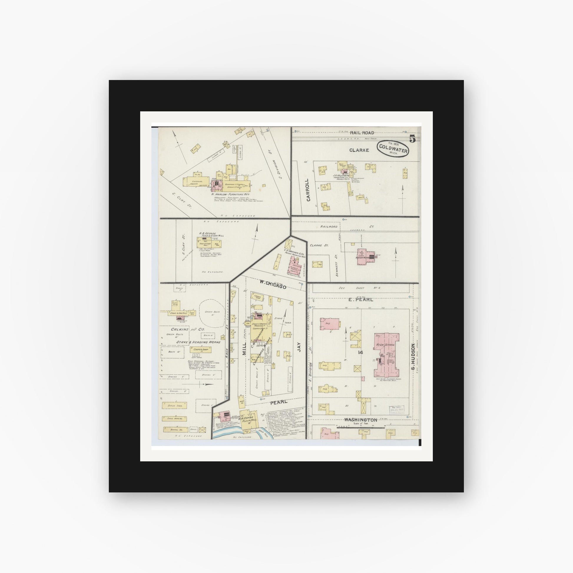 Old map wall art mockup — black gallery frame with white mat — Sanborn Fire Insurance Map from Coldwater, Branch County, Michigan (1891), Sheet #0005