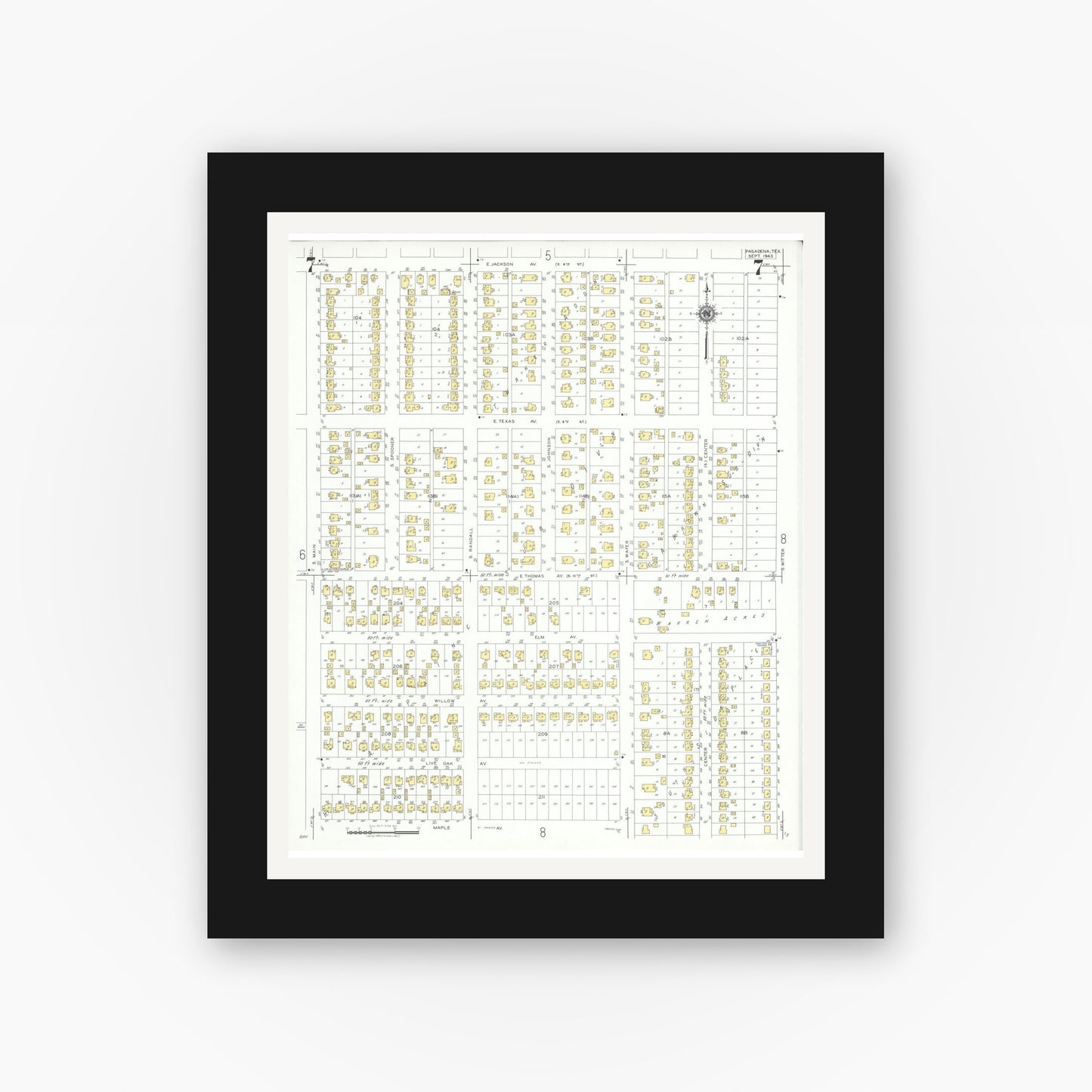 Old map wall art mockup — black gallery frame with white mat — Sanborn Fire Insurance Map from Pasadena, Harris County, Texas (1943), Sheet #0007