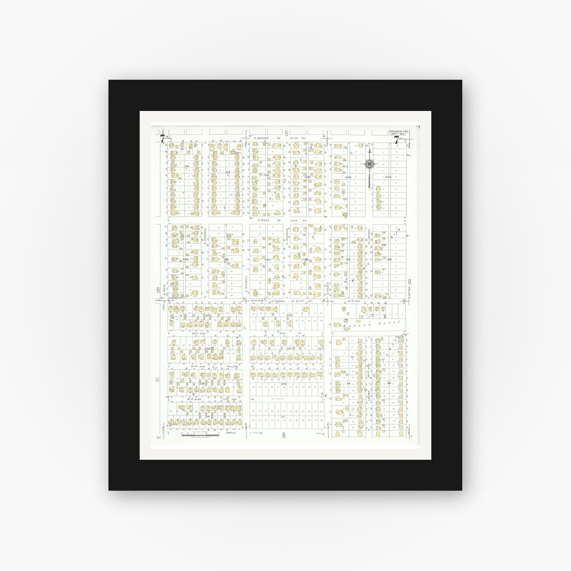 Old map wall art mockup — black gallery frame with white mat — Sanborn Fire Insurance Map from Pasadena, Harris County, Texas (1943), Sheet #0007