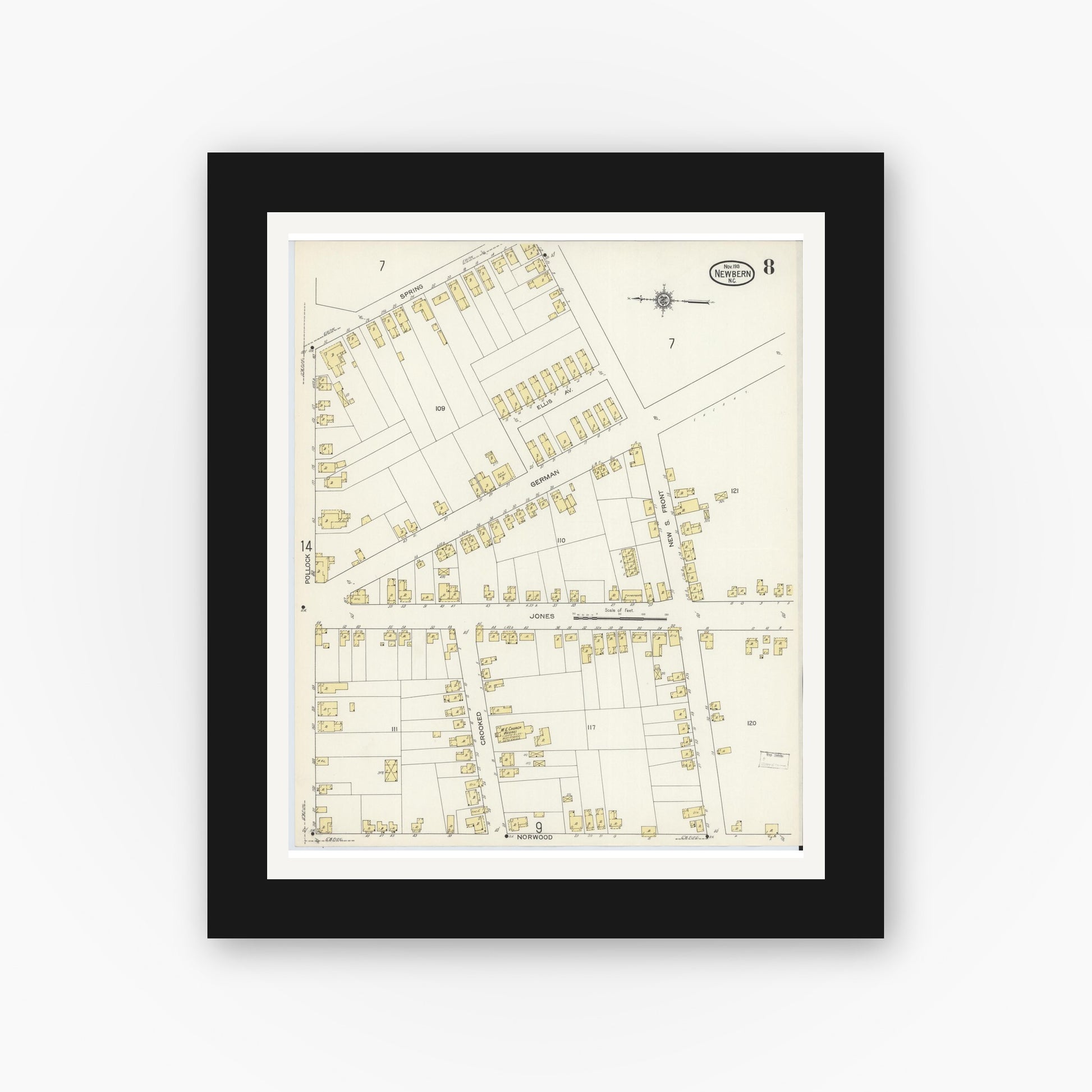 Old map wall art mockup — black gallery frame with white mat — Sanborn Fire Insurance Map from New Bern, Craven County, North Carolina (1913), Sheet #0008
