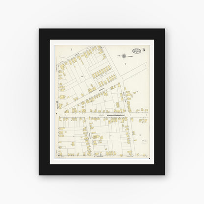 Old map wall art mockup — black gallery frame with white mat — Sanborn Fire Insurance Map from New Bern, Craven County, North Carolina (1913), Sheet #0008