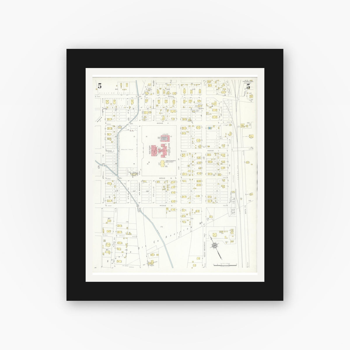 Old map wall art mockup — black gallery frame with white mat — Sanborn Fire Insurance Map from Silsbee, Hardin County, Texas (1937), Sheet #0005