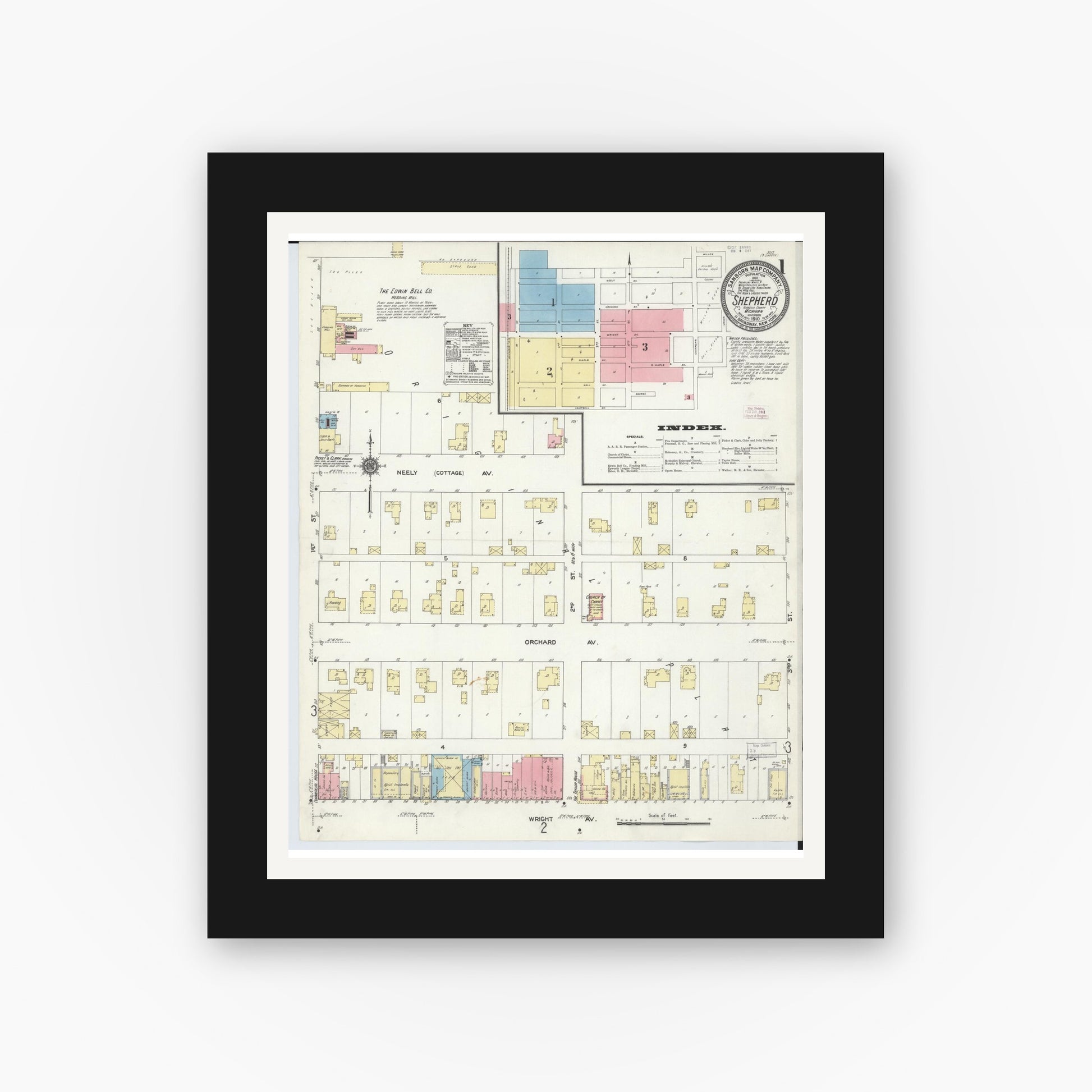 Old map wall art mockup — black gallery frame with white mat — Sanborn Fire Insurance Map from Shepherd, Isabella County, Michigan (1910), Sheet #0001