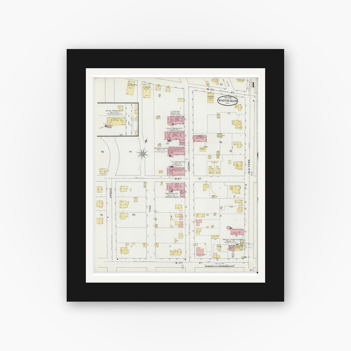 Old map wall art mockup — black gallery frame with white mat — Sanborn Fire Insurance Map from Winston-Salem, Forsyth County, North Carolina (1895), Sheet #0001