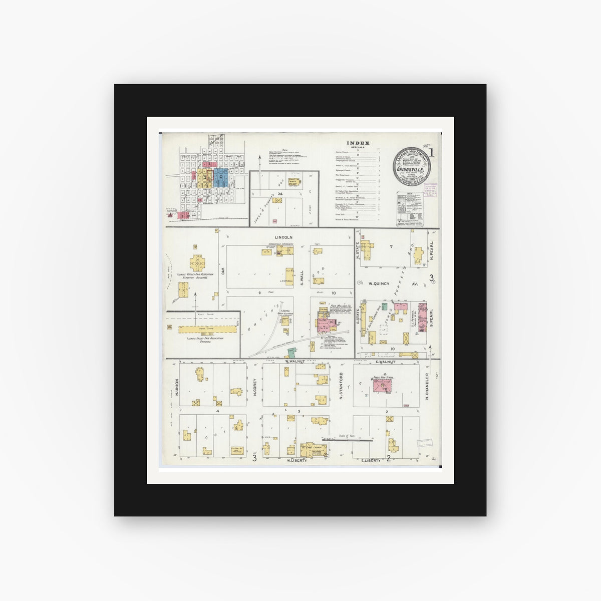 Old map wall art mockup — black gallery frame with white mat — Sanborn Fire Insurance Map from Griggsville, Pike County, Illinois (1905) - Complete Map Set
