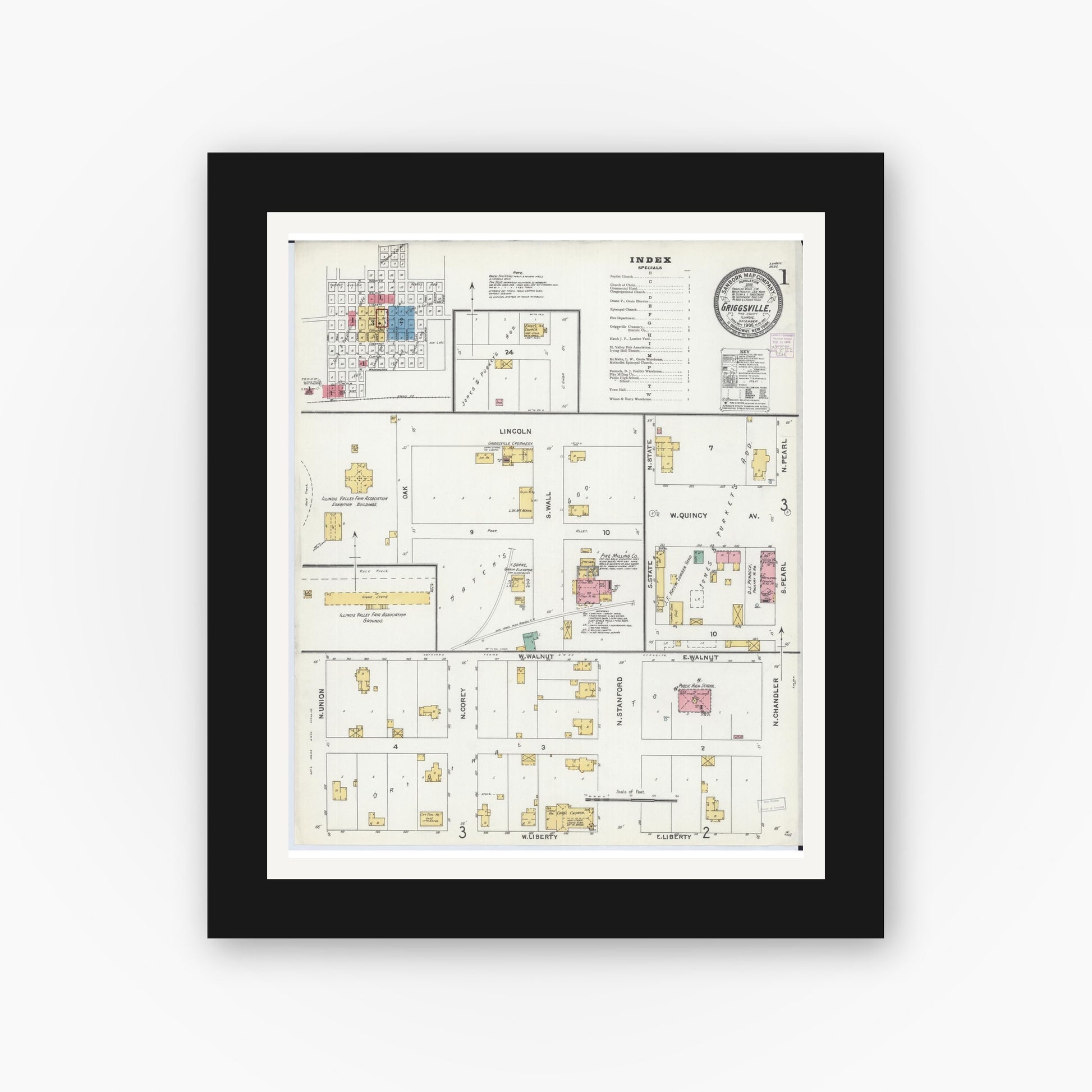 Old map wall art mockup — black gallery frame with white mat — Sanborn Fire Insurance Map from Griggsville, Pike County, Illinois (1905) - Complete Map Set