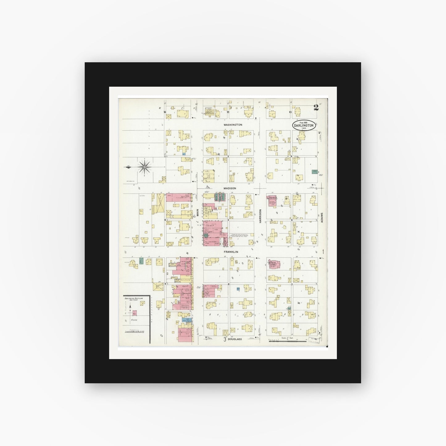 Old map wall art mockup — black gallery frame with white mat — Sanborn Fire Insurance Map from Darlington, Montgomery County, Indiana (1909), Sheet #0002