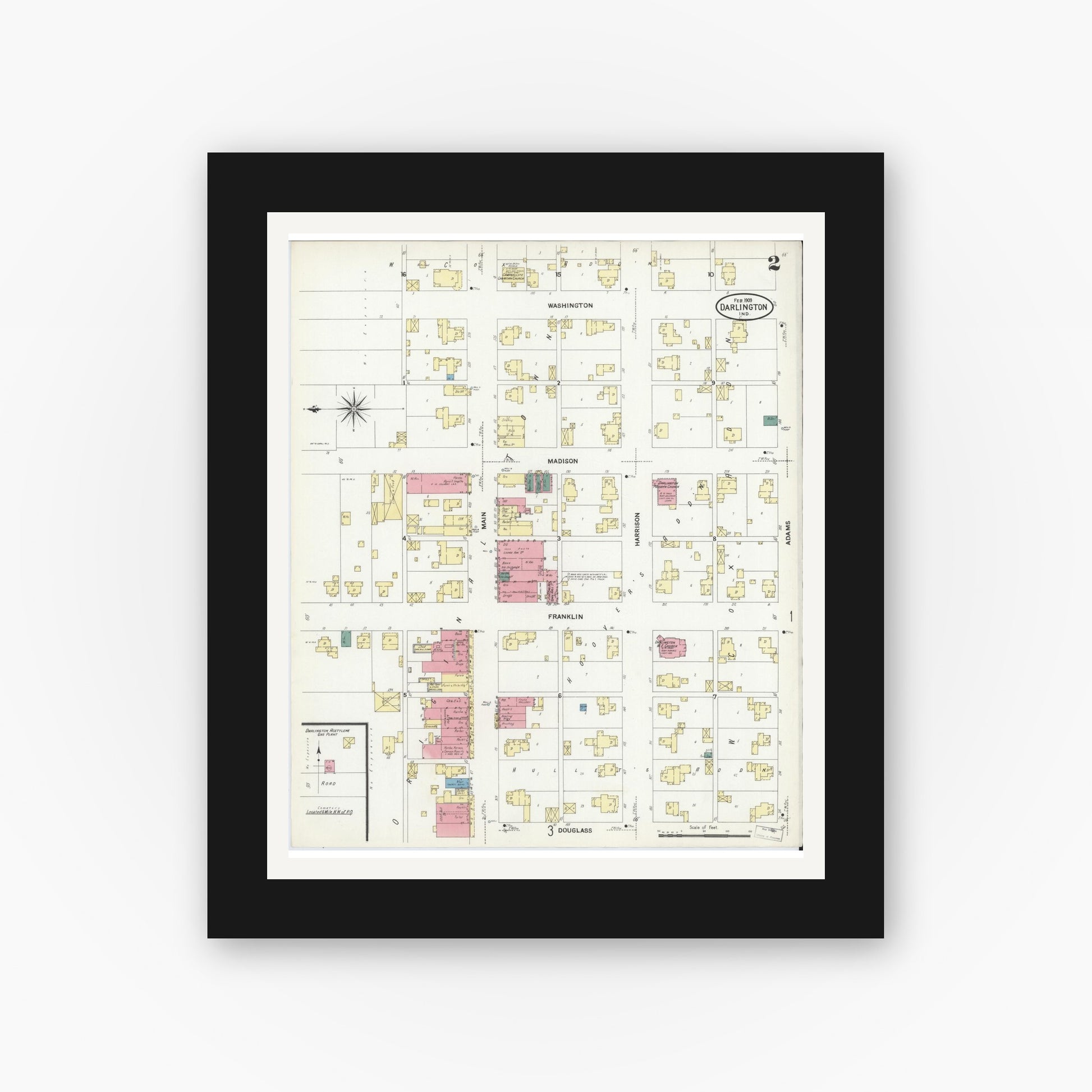 Old map wall art mockup — black gallery frame with white mat — Sanborn Fire Insurance Map from Darlington, Montgomery County, Indiana (1909), Sheet #0002