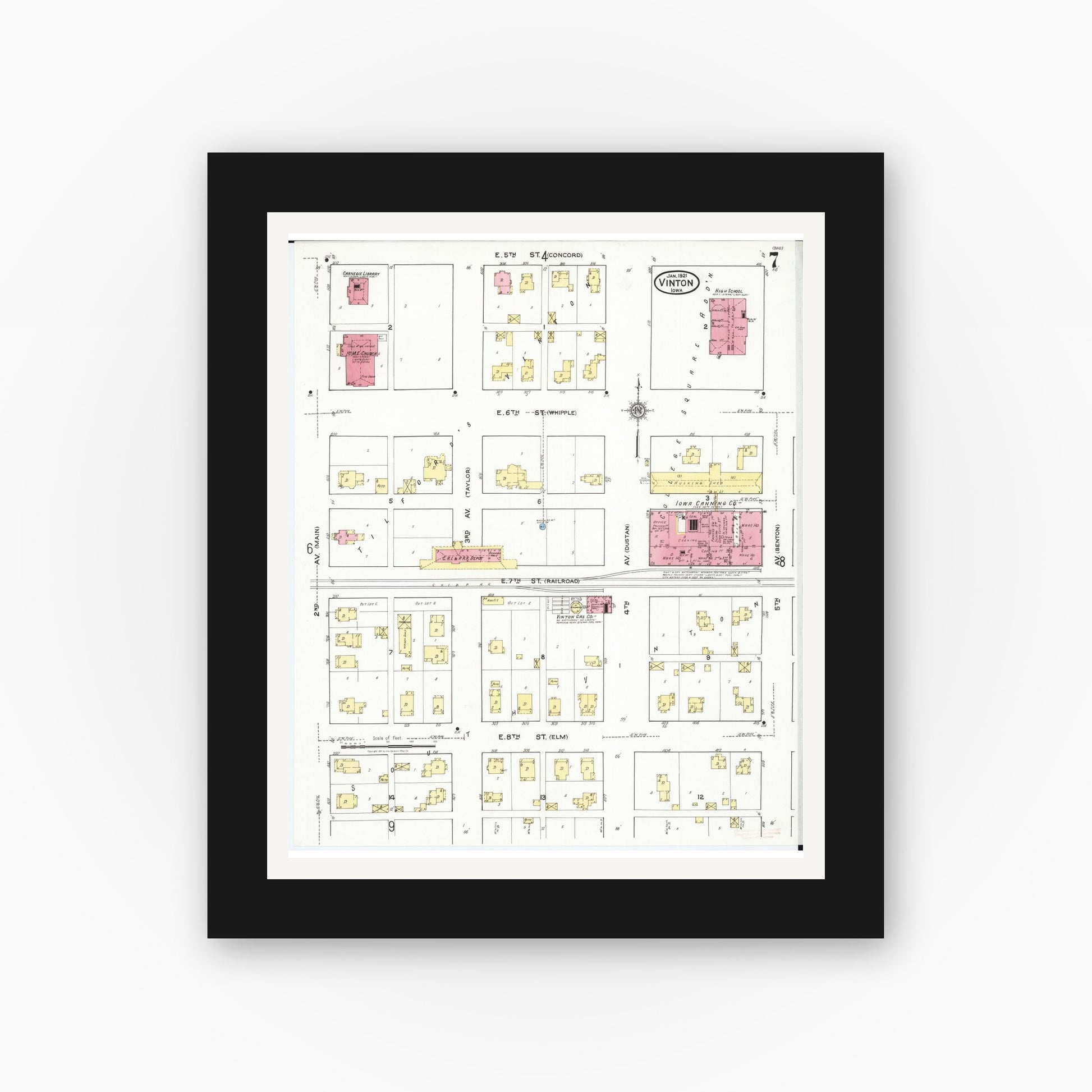 Old map wall art mockup — black gallery frame with white mat — Sanborn Fire Insurance Map from Vinton, Benton County, Iowa (1921), Sheet #0007