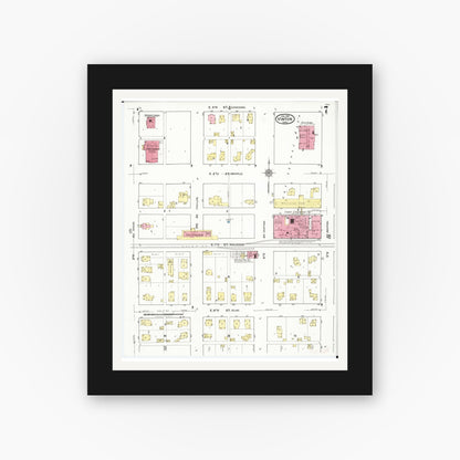 Old map wall art mockup — black gallery frame with white mat — Sanborn Fire Insurance Map from Vinton, Benton County, Iowa (1921), Sheet #0007