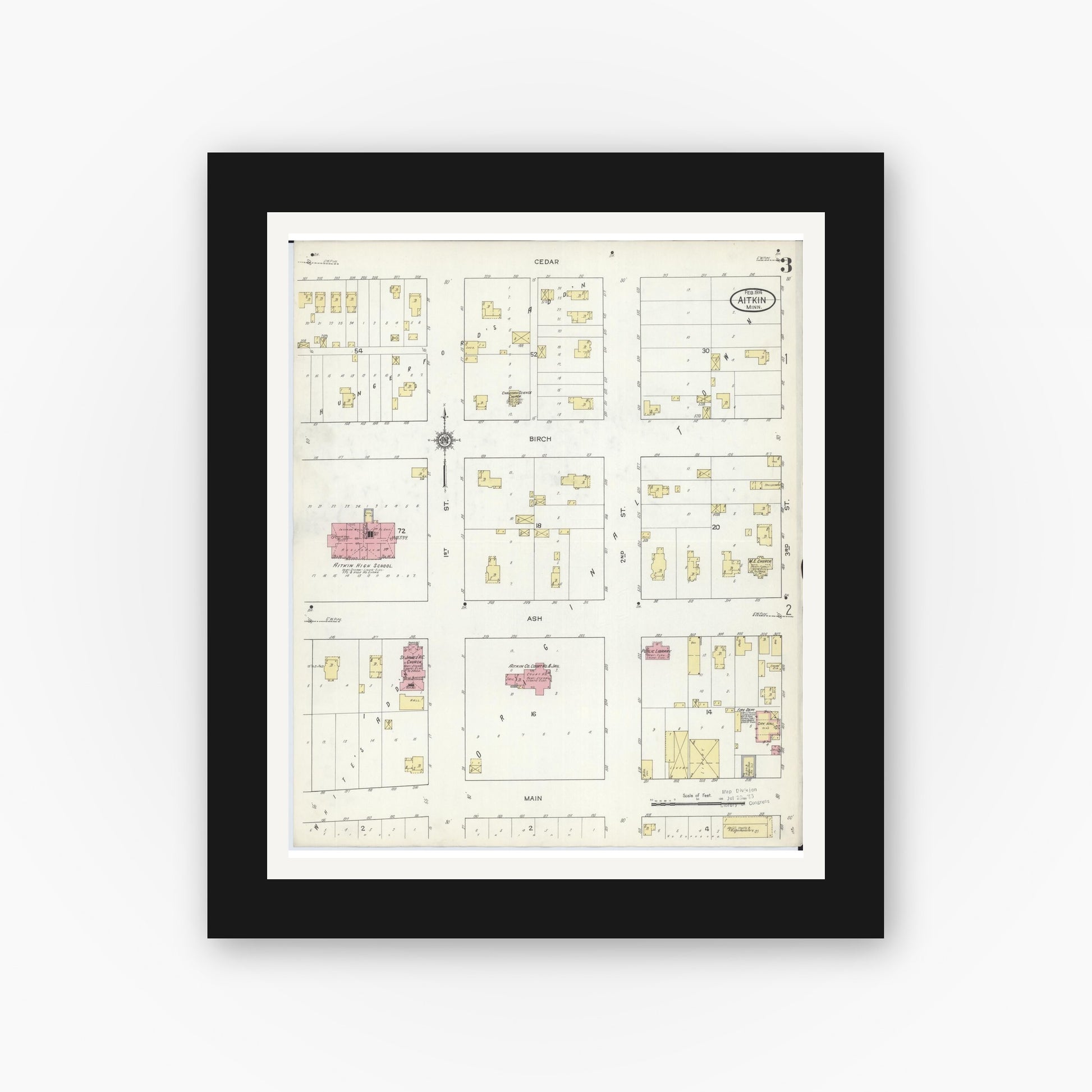 Old map wall art mockup — black gallery frame with white mat — Sanborn Fire Insurance Map from Aitkin, Aitkin County, Minnesota (1914), Sheet #0003