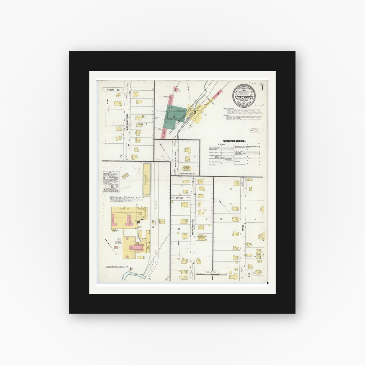 Old map wall art mockup — black gallery frame with white mat — Sanborn Fire Insurance Map from Fairchange, Fayette County, Pennsylvania (1911), Sheet #0001