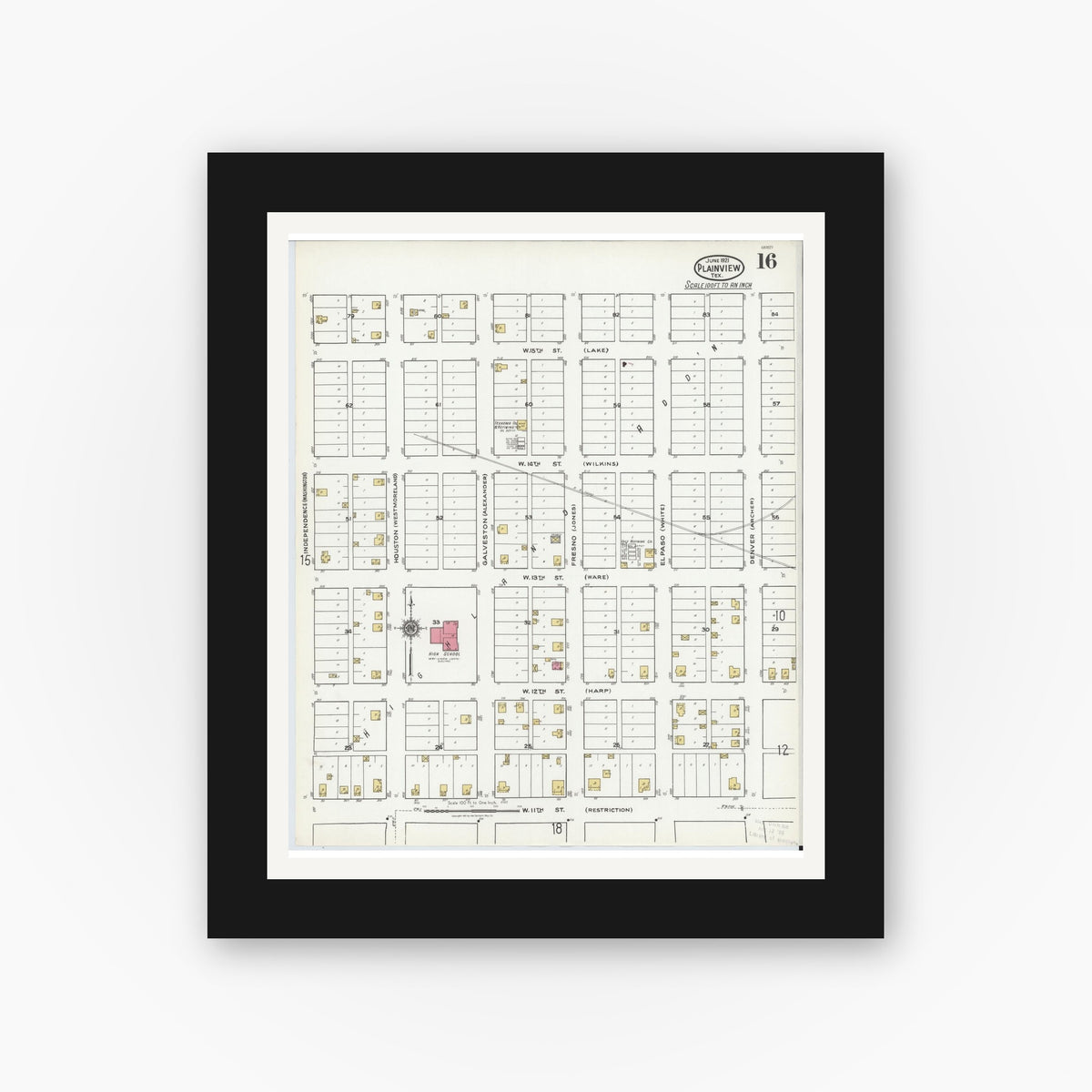 Old map wall art mockup — black gallery frame with white mat — Sanborn Fire Insurance Map from Plainview, Hale County, Texas (1921), Sheet #0016