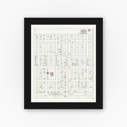 Old map wall art mockup — black gallery frame with white mat — Sanborn Fire Insurance Map from Plainview, Hale County, Texas (1921), Sheet #0016