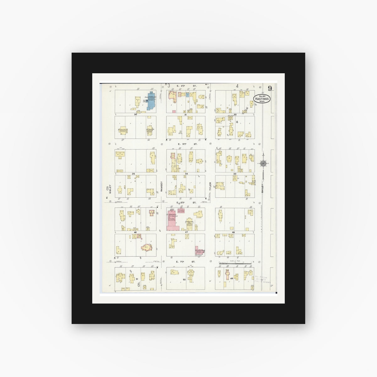 Old map wall art mockup — black gallery frame with white mat — Sanborn Fire Insurance Map from Hastings, Dakota County, Minnesota (1910), Sheet #0009