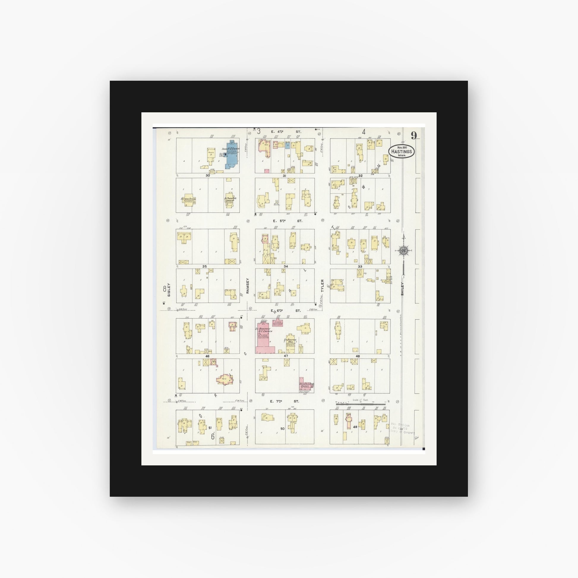 Old map wall art mockup — black gallery frame with white mat — Sanborn Fire Insurance Map from Hastings, Dakota County, Minnesota (1910), Sheet #0009