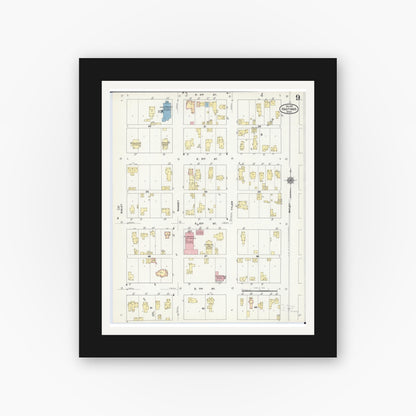 Old map wall art mockup — black gallery frame with white mat — Sanborn Fire Insurance Map from Hastings, Dakota County, Minnesota (1910), Sheet #0009