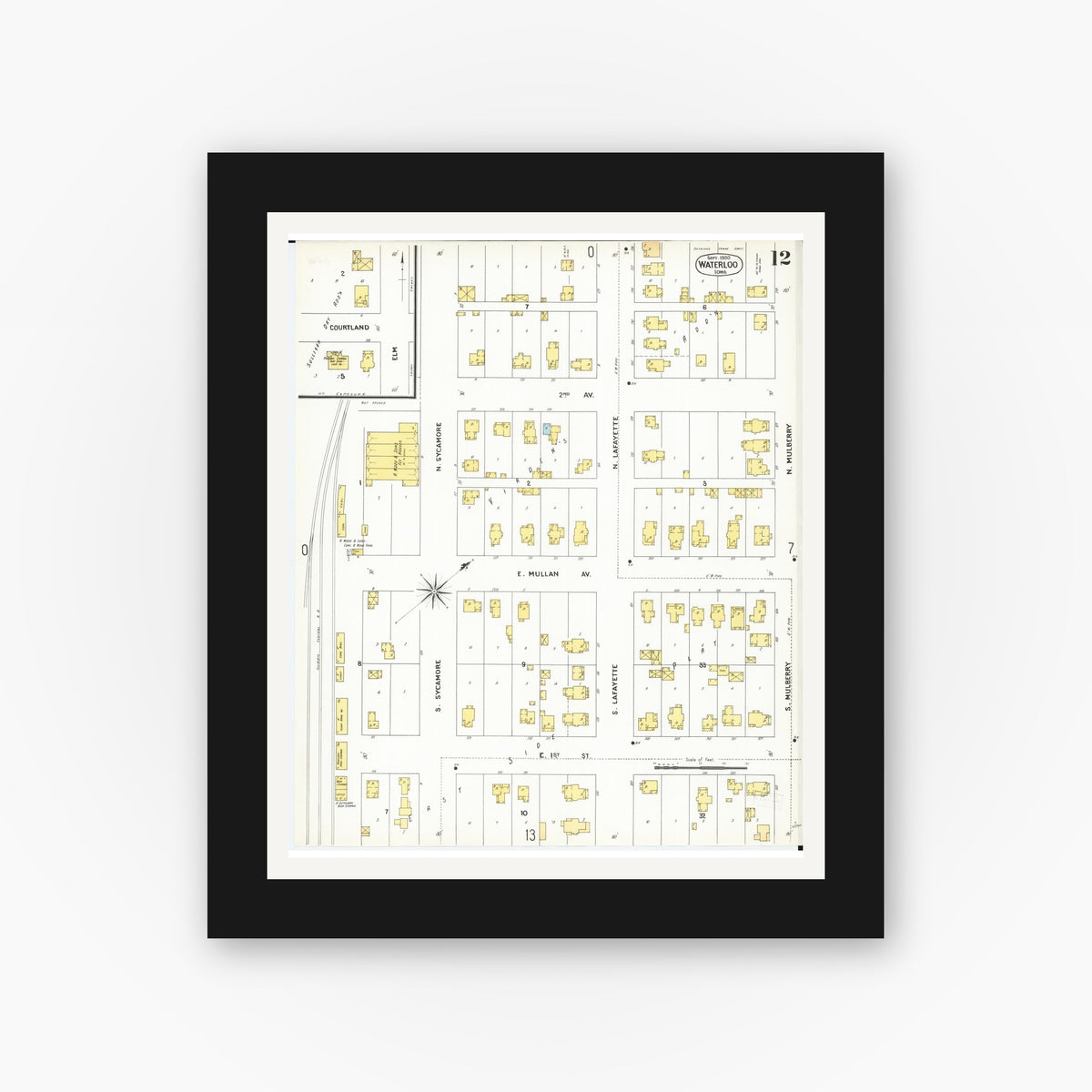 Old map wall art mockup — black gallery frame with white mat — Sanborn Fire Insurance Map from Waterloo, Black Hawk County, Iowa (1900), Sheet #0012