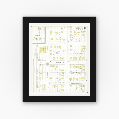 Old map wall art mockup — black gallery frame with white mat — Sanborn Fire Insurance Map from Waterloo, Black Hawk County, Iowa (1900), Sheet #0012