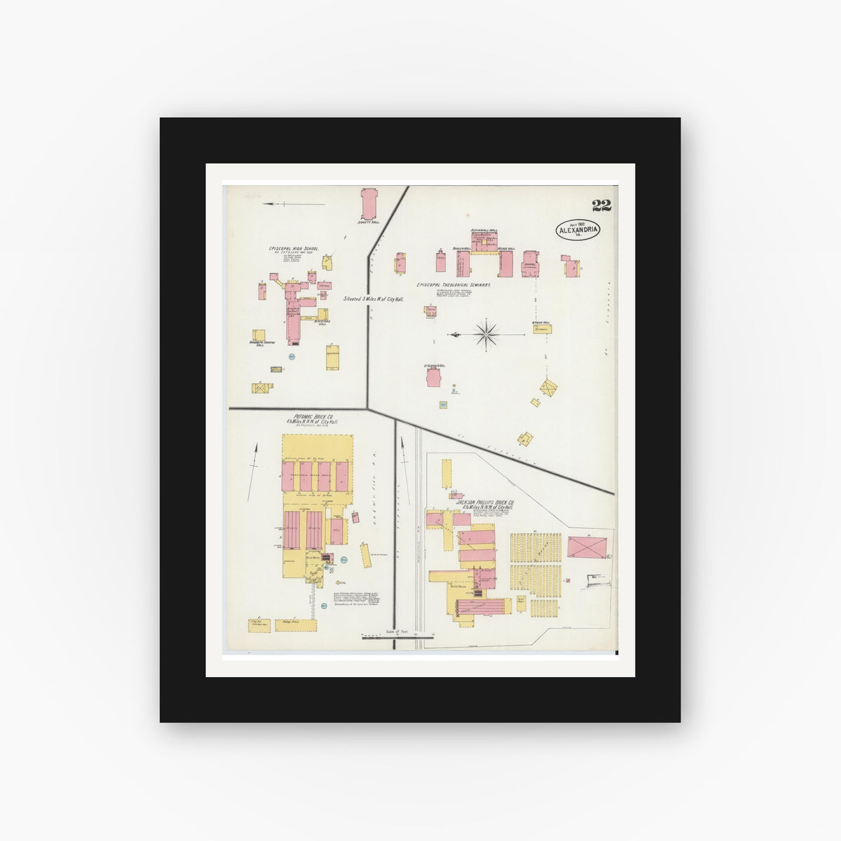 Old map wall art mockup — black gallery frame with white mat — Sanborn Fire Insurance Map from Alexandria, Independent Cities, Virginia (1902), Sheet #0022
