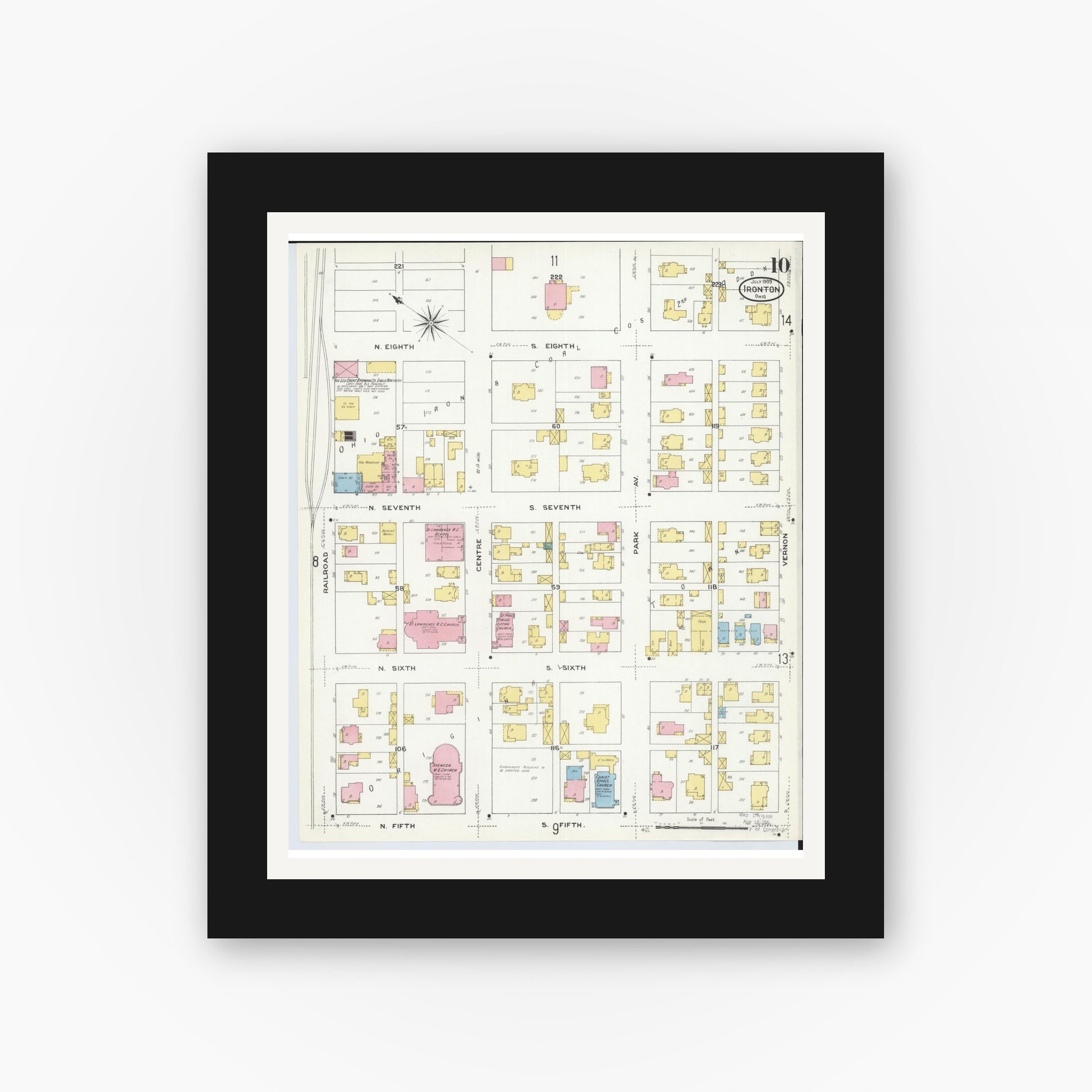 Old map wall art mockup — black gallery frame with white mat — Sanborn Fire Insurance Map from Ironton, Lawrence County, Ohio (1909), Sheet #0010
