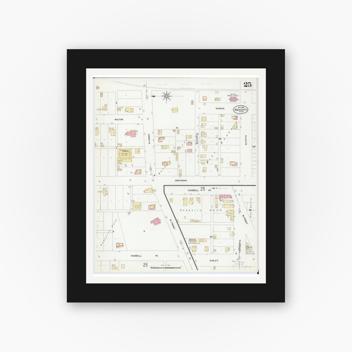 Old map wall art mockup — black gallery frame with white mat — Sanborn Fire Insurance Map from Mankato, Blue Earth County, Minnesota (1908), Sheet #0025