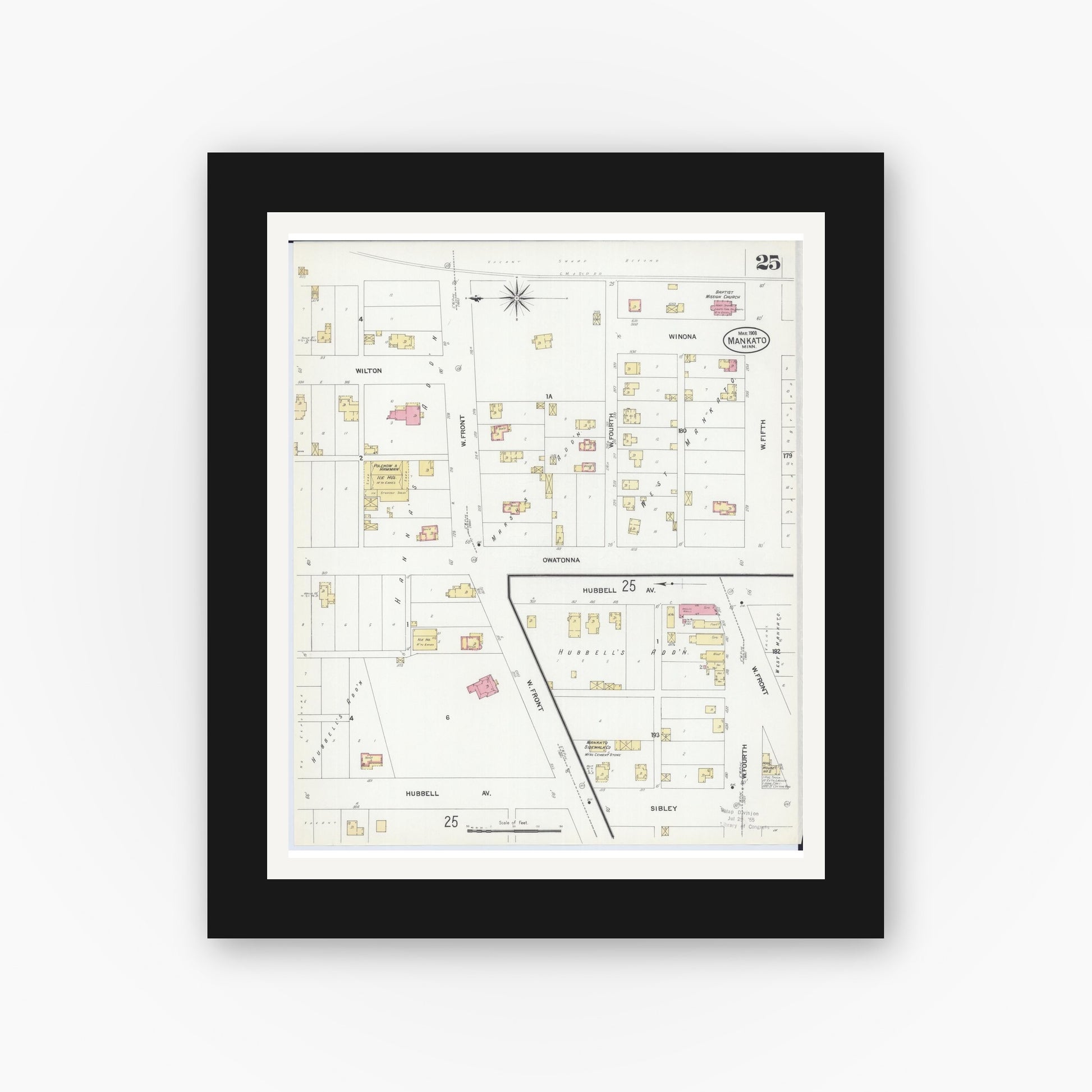 Old map wall art mockup — black gallery frame with white mat — Sanborn Fire Insurance Map from Mankato, Blue Earth County, Minnesota (1908), Sheet #0025