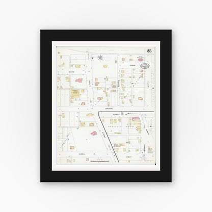 Old map wall art mockup — black gallery frame with white mat — Sanborn Fire Insurance Map from Mankato, Blue Earth County, Minnesota (1908), Sheet #0025