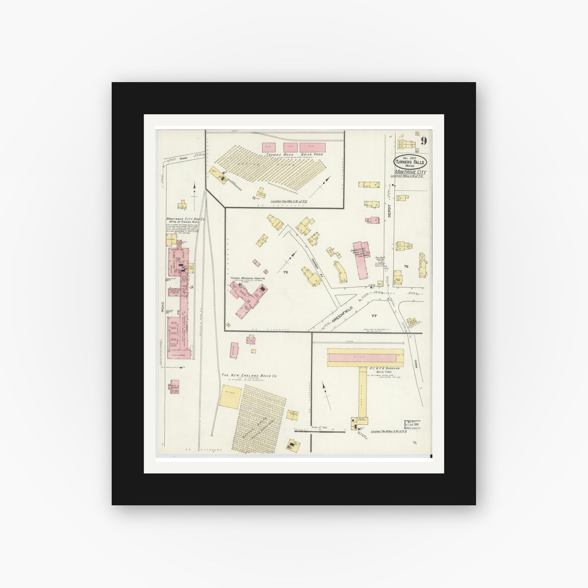 Old map wall art mockup — black gallery frame with white mat — Sanborn Fire Insurance Map from Turners Falls, Franklin County, Massachusetts (1909), Sheet #0009