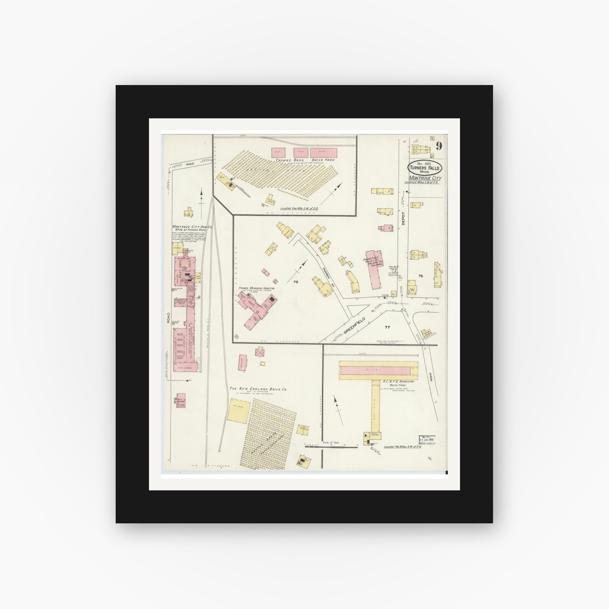 Old map wall art mockup — black gallery frame with white mat — Sanborn Fire Insurance Map from Turners Falls, Franklin County, Massachusetts (1909), Sheet #0009