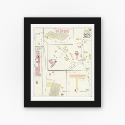 Old map wall art mockup — black gallery frame with white mat — Sanborn Fire Insurance Map from Turners Falls, Franklin County, Massachusetts (1909), Sheet #0009