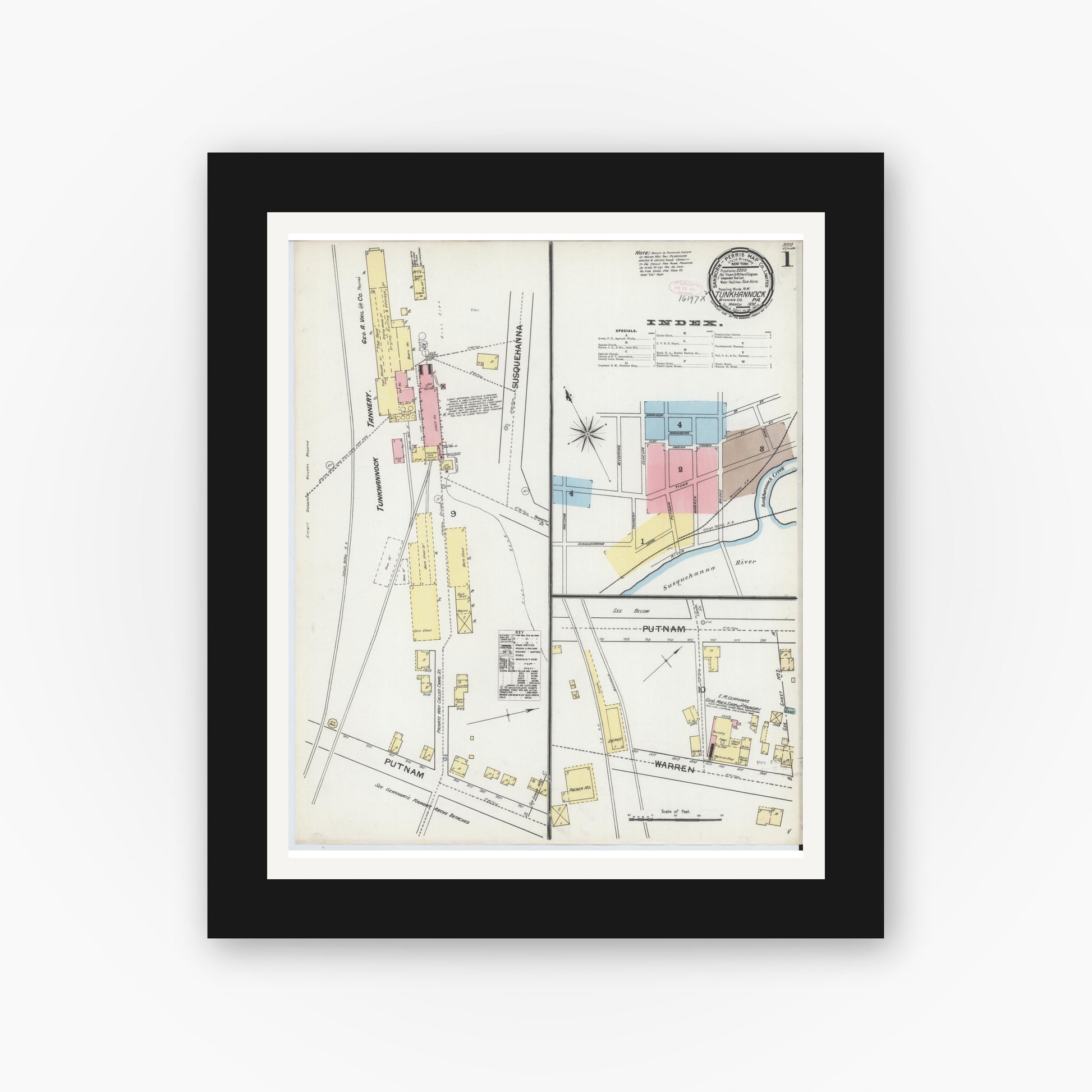 Old map wall art mockup — black gallery frame with white mat — Sanborn Fire Insurance Map from Tunkhannock, Wyoming County, Pennsylvania (1892), Sheet #0001