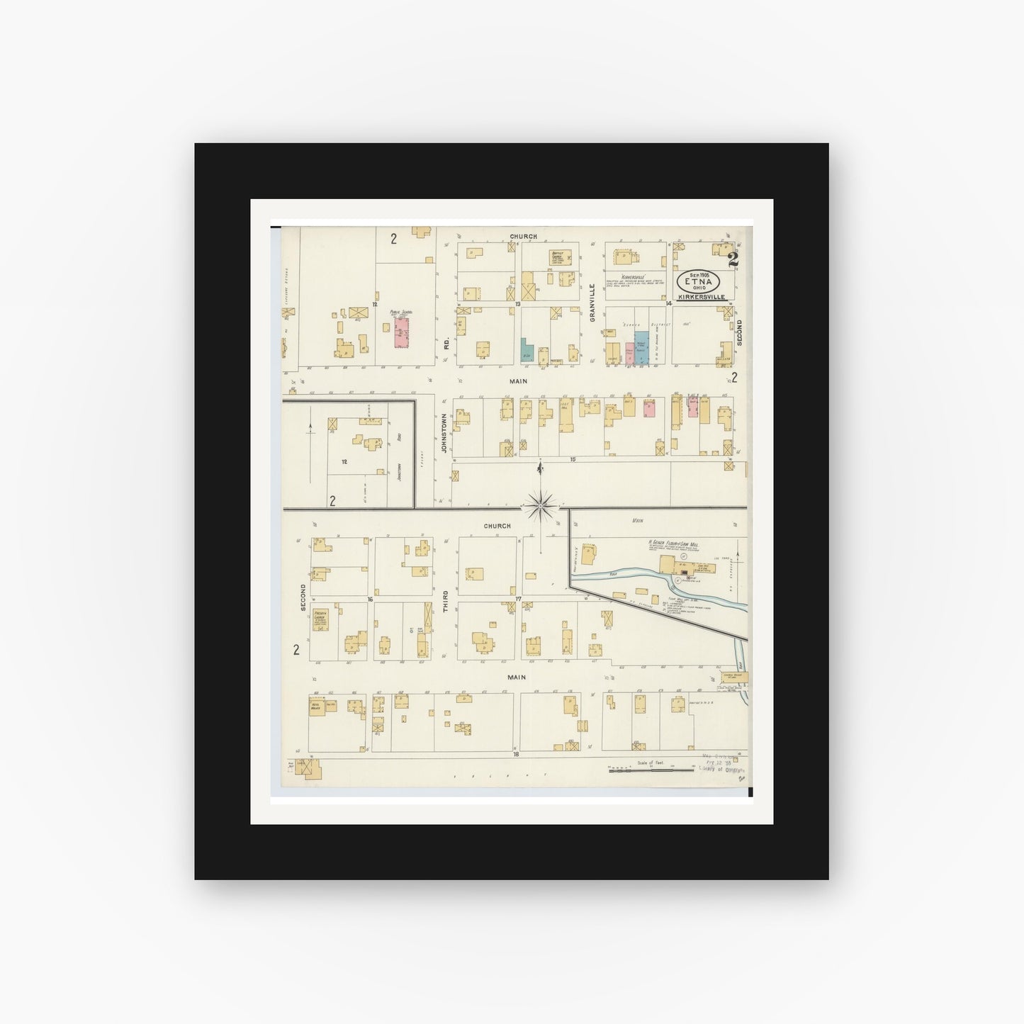 Old map wall art mockup — black gallery frame with white mat — Sanborn Fire Insurance Map from Etna, Luking County, Ohio (1905), Sheet #0002