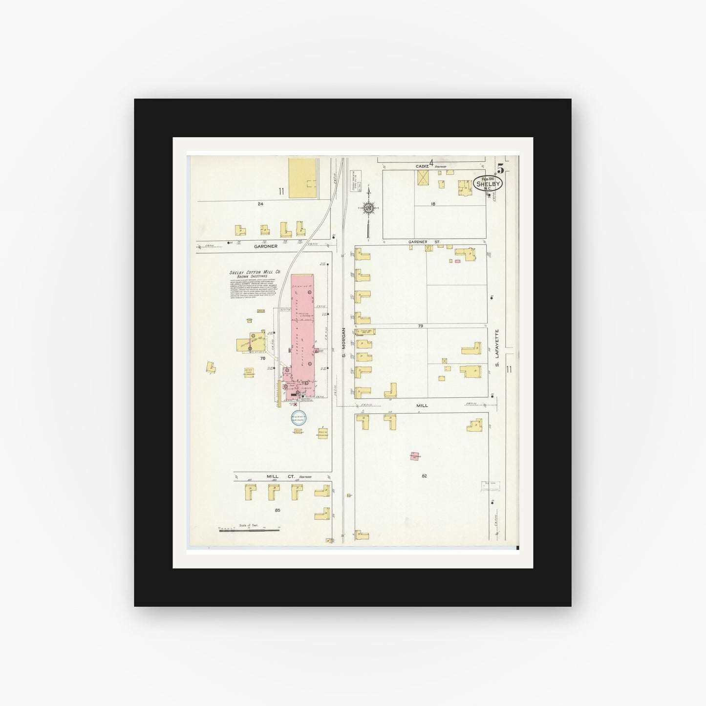 Old map wall art mockup — black gallery frame with white mat — Sanborn Fire Insurance Map from Shelby, Cleveland County, North Carolina (1916), Sheet #0005