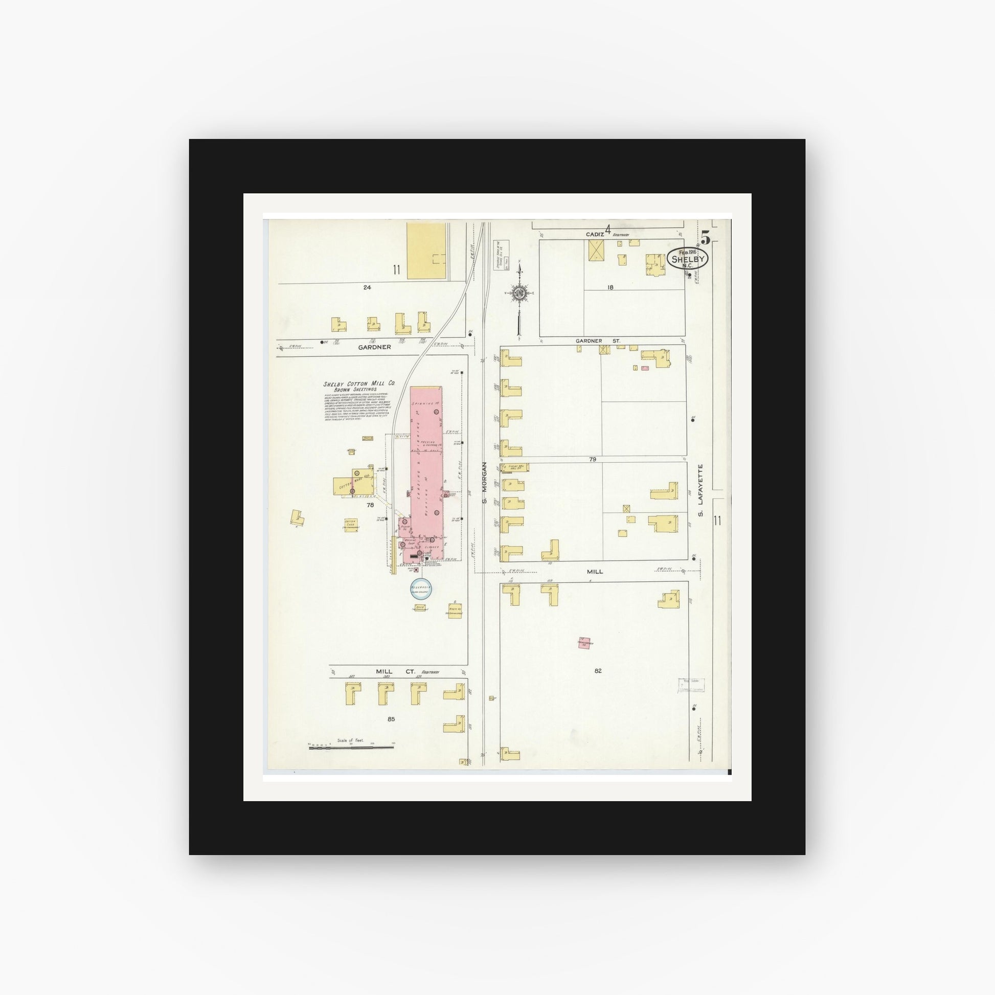 Old map wall art mockup — black gallery frame with white mat — Sanborn Fire Insurance Map from Shelby, Cleveland County, North Carolina (1916), Sheet #0005