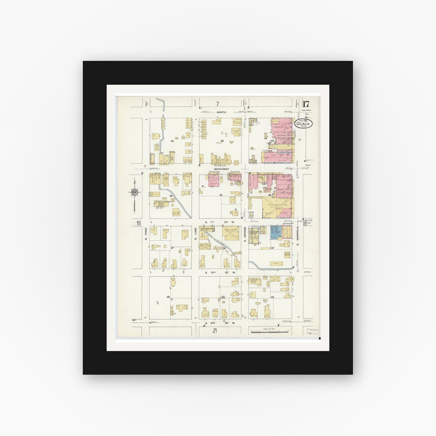 Old map wall art mockup — black gallery frame with white mat — Sanborn Fire Insurance Map from Ocala, Marion County, Florida (1912), Sheet #0017