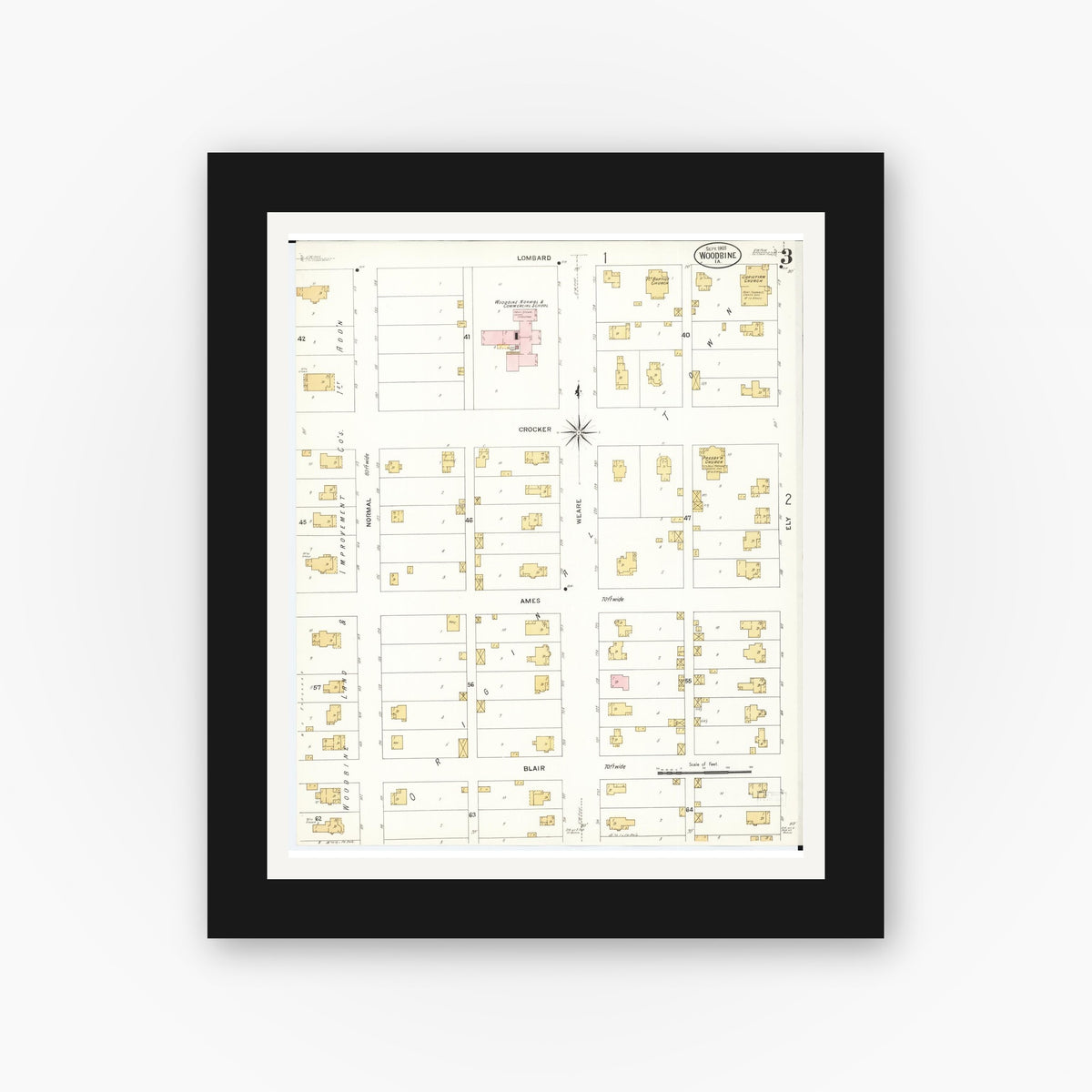 Old map wall art mockup — black gallery frame with white mat — Sanborn Fire Insurance Map from Woodbine, Harrison County, Iowa (1908), Sheet #0003