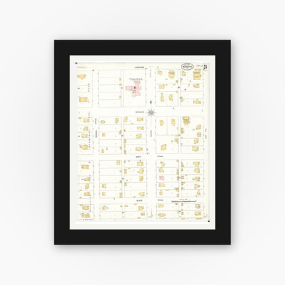 Old map wall art mockup — black gallery frame with white mat — Sanborn Fire Insurance Map from Woodbine, Harrison County, Iowa (1908), Sheet #0003