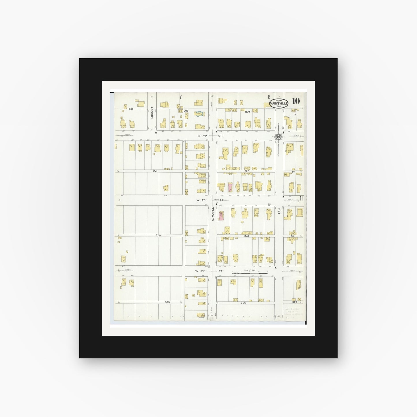 Old map wall art mockup — black gallery frame with white mat — Sanborn Fire Insurance Map from Marysville, Union County, Ohio (1916), Sheet #0010
