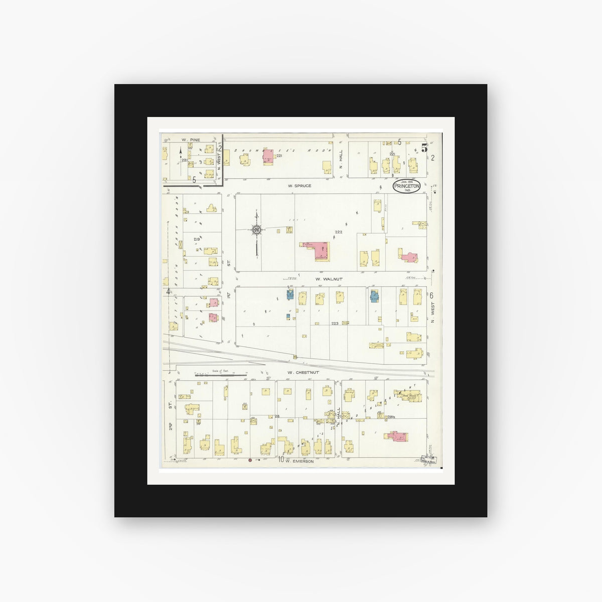 Old map wall art mockup — black gallery frame with white mat — Sanborn Fire Insurance Map from Princeton, Gibson County, Indiana (1914), Sheet #0005