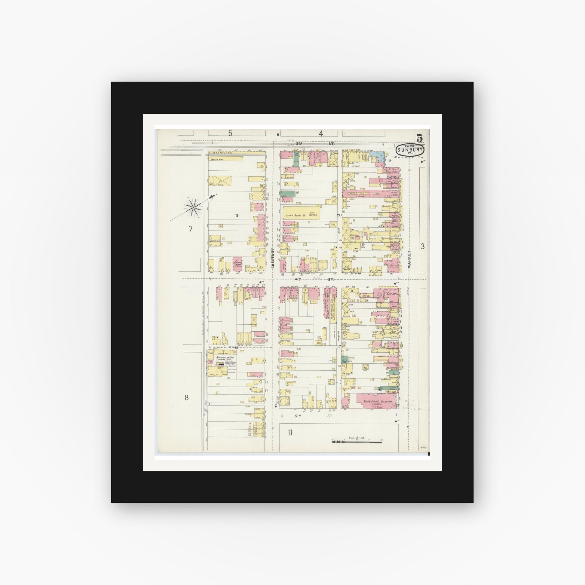 Old map wall art mockup — black gallery frame with white mat — Sanborn Fire Insurance Map from Sunbury, Northumberland County, Pennsylvania (1896), Sheet #0005