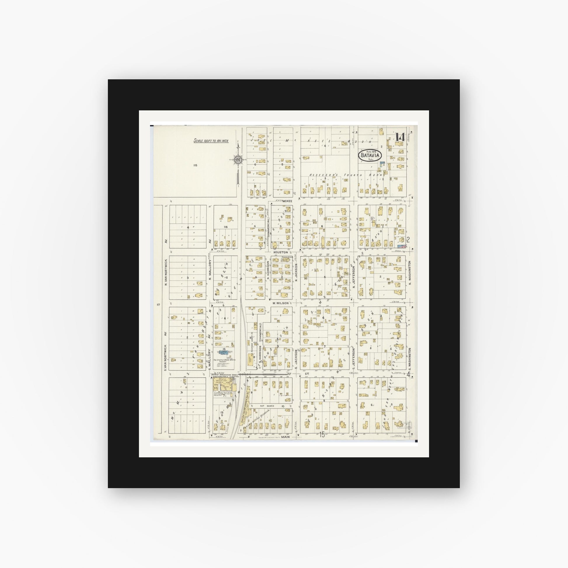 Old map wall art mockup — black gallery frame with white mat — Sanborn Fire Insurance Map from Batavia, Kane County, Illinois (1916), Sheet #0014