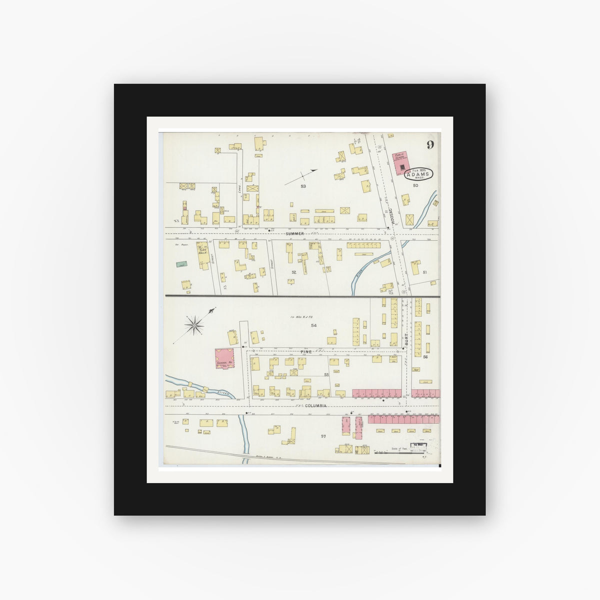 Old map wall art mockup — black gallery frame with white mat — Sanborn Fire Insurance Map from Adams, Berkshire County, Massachusetts (1895), Sheet #0009