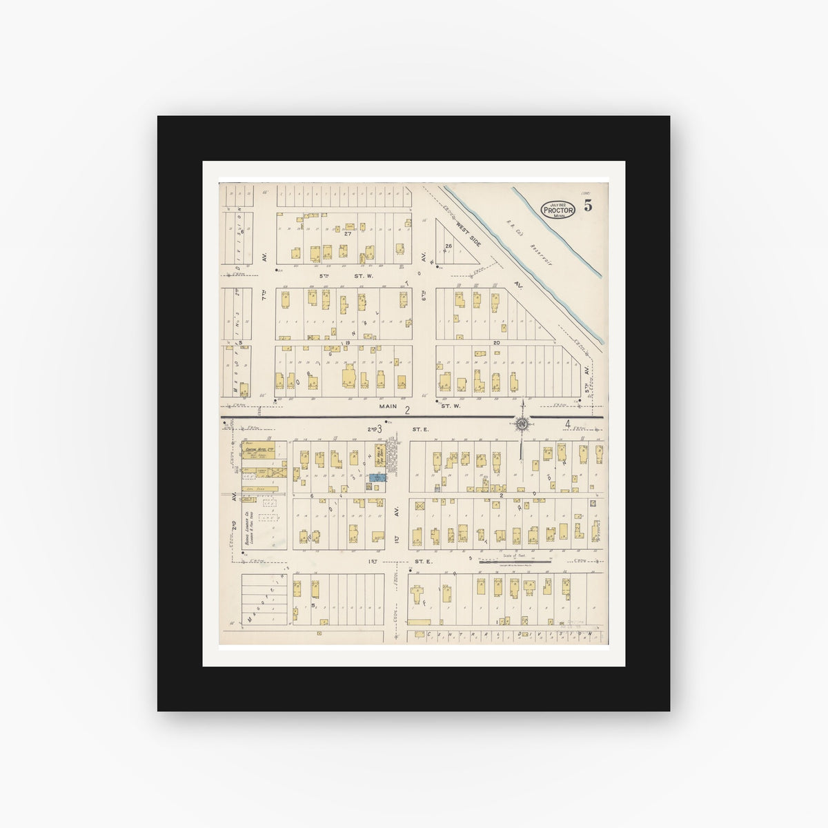 Old map wall art mockup — black gallery frame with white mat — Sanborn Fire Insurance Map from Proctor, Saint Louis County, Minnesota (1922), Sheet #0005