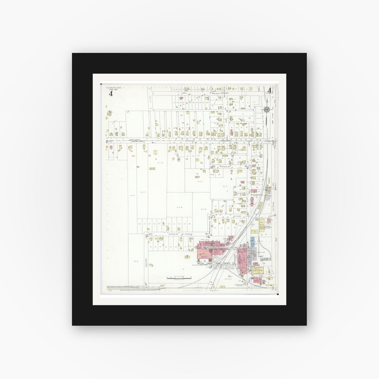 Old map wall art mockup — black gallery frame with white mat — Sanborn Fire Insurance Map from Plymouth, Huron And Richland Counties, Ohio (1938), Sheet #0004